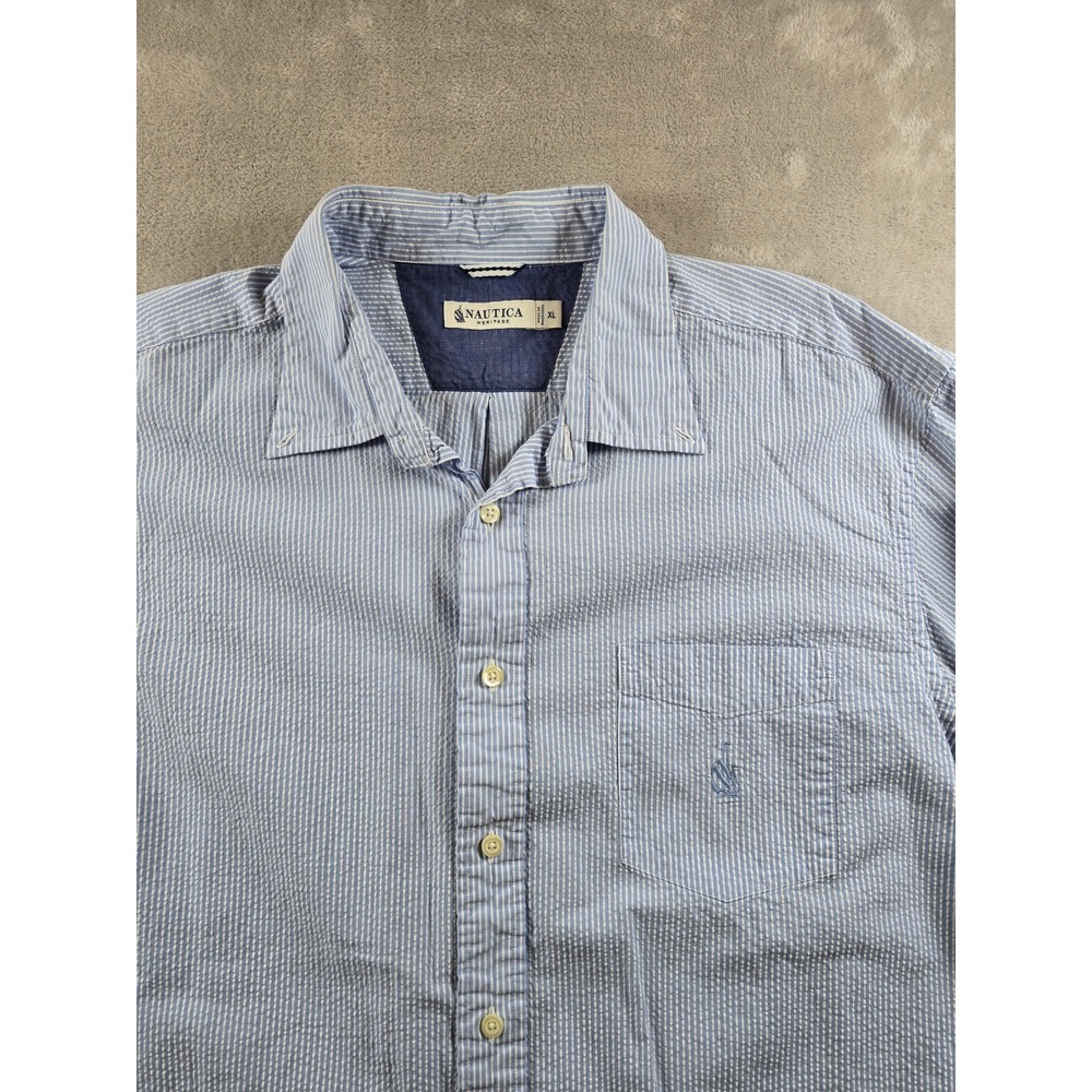 Nautica Heritage Striped Seersucker Shirt Mens XL Blue Button Up Long Sleeve